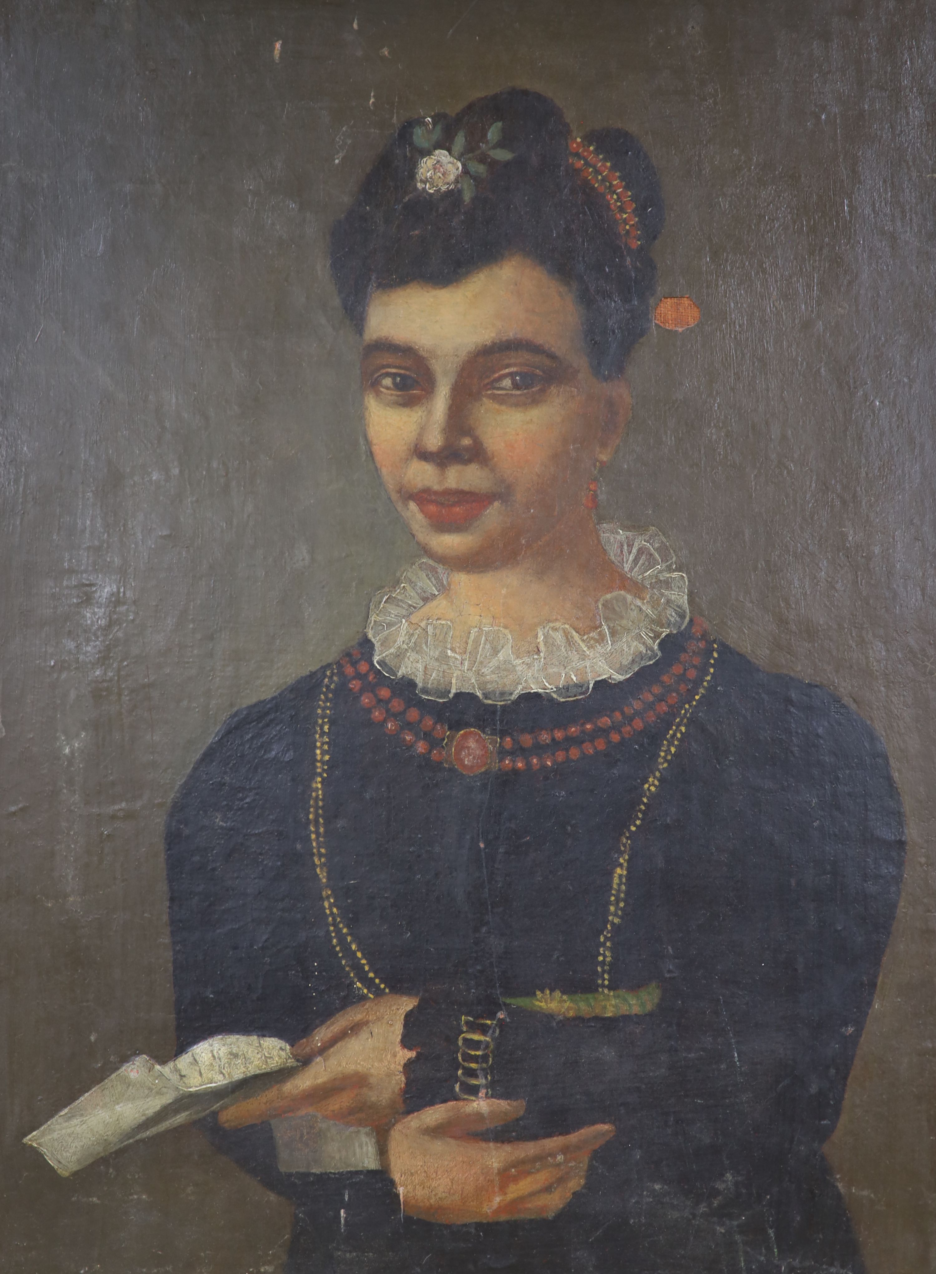 19th century French school, a stylised waist length portrait of a young lady, wearing pearls and coral beads, oil on canvas, unframed, indistinctly labelled verso, 39 x 29cm